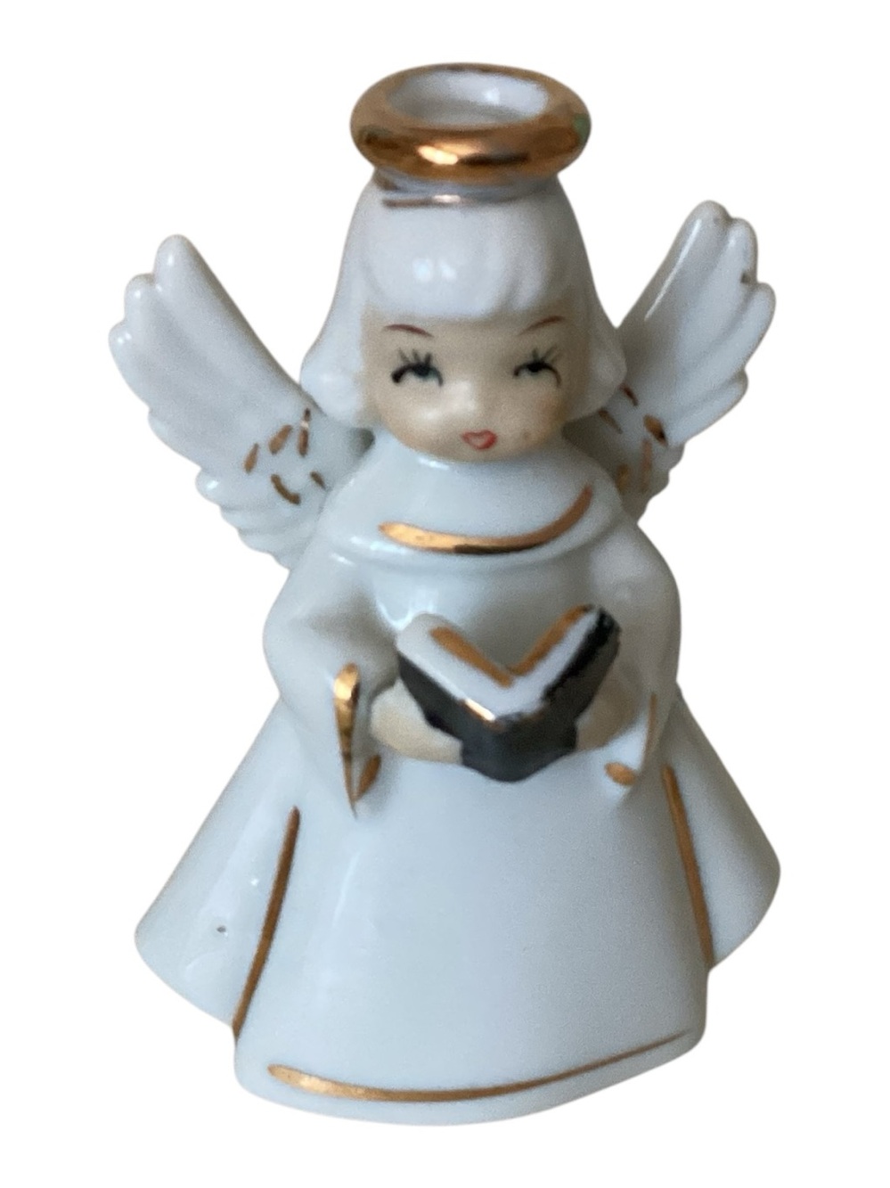 Vintage 50’s Enesco Porcelain Angel Figural Bell Gold Trim
